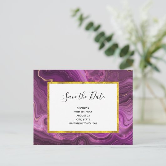 Paarse Amethist en Goud Abstract sparen de datum i Uitnodiging Briefkaart (Staand voorkant)