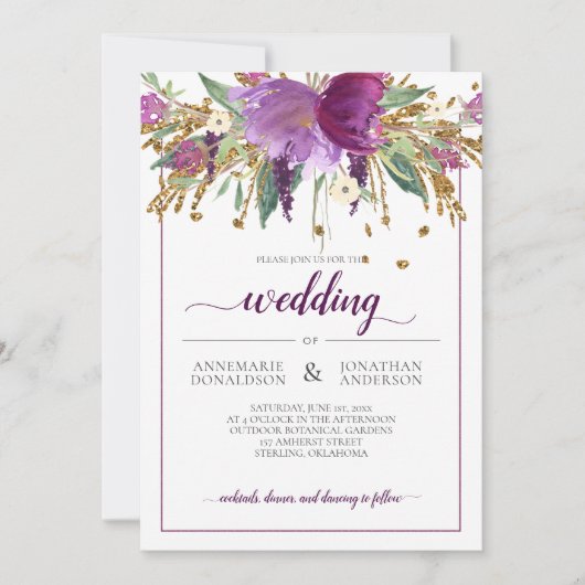 Paarse Amethist en Goud Bloemen Ingelijste Bruilof Kaart (Voorkant)