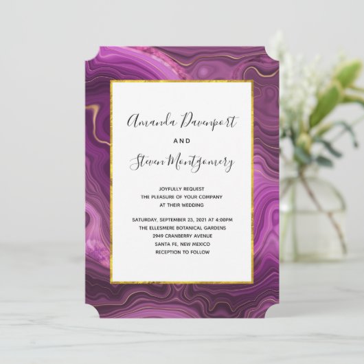 Paarse amethist en gouden Abstracte agaat bruiloft Kaart (Staand voorkant)