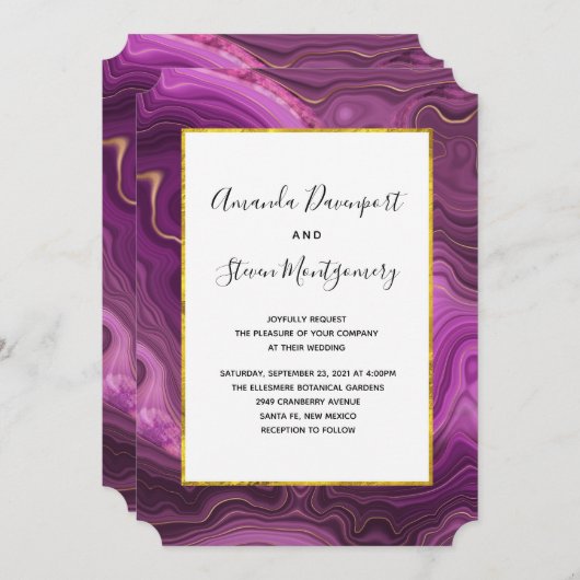 Paarse amethist en gouden Abstracte agaat bruiloft Kaart (Voorkant / Achterkant)