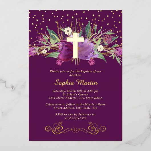 Paarse Amethist Floral Gold Cross doop Folie Uitnodiging (Voorkant)