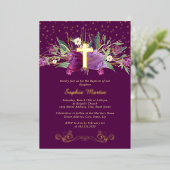 Paarse Amethist Floral Gold Cross doop Folie Uitnodiging (Staand Voorkant)