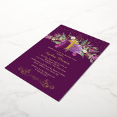 Paarse Amethist Floral Gold Cross doop Folie Uitnodiging (Gedraaid)