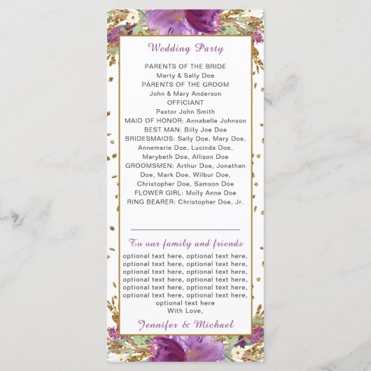 Paarse Amethist Gold Glitter Lijst Trouwprogramma Programmakaart (Achterkant)