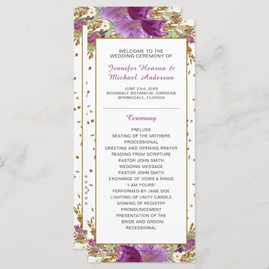 Paarse Amethist Gold Glitter Lijst Trouwprogramma Programmakaart (Voorkant / Achterkant)