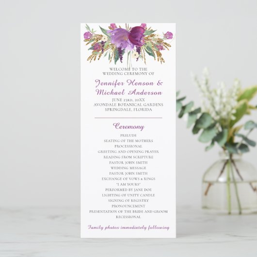 Paarse Amethist Gold Glitter Trouwprogramma Programmakaart (Staand voorkant)