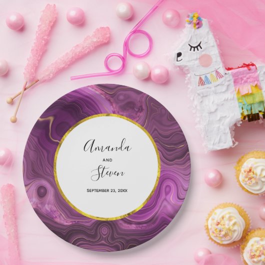 Paarse Amethist & Goud Abstract Agaat Bruiloft Papieren Bordje (Feest)