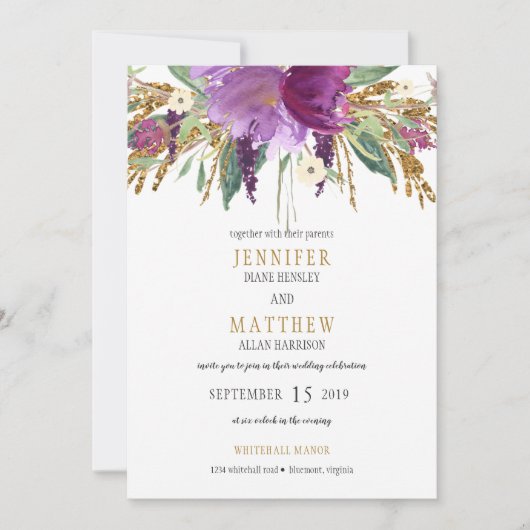 Paarse Amethist Goud Glitter Groen Bruiloft | Kaart (Voorkant)