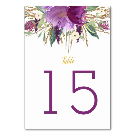 Paarse Amethist Gouden Glitter Bloemen Tafel Kaart (Voorkant)