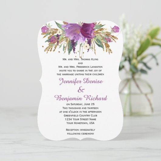 Paarse Amethist Gouden Waterverf Bloemen Bruilofte Kaart (Staand voorkant)