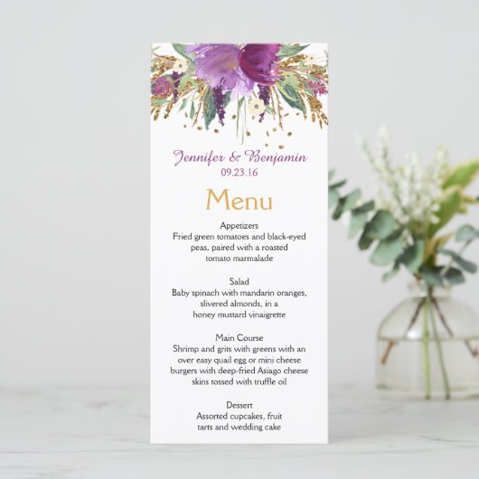 Paarse Amethist Gouden Waterverf Bloemen Menu Kaar (Staand voorkant)