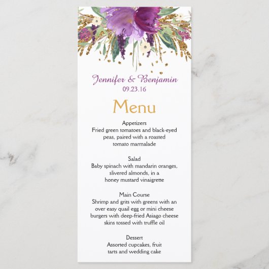 Paarse Amethist Gouden Waterverf Bloemen Menu Kaar (Voorkant)