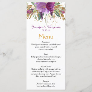 Paarse Amethist Gouden Waterverf Bloemen Menu Kaar