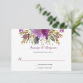Paarse Amethist Gouden Waterverf Bloemen RSVPs RSVP Kaartje (Staand voorkant)
