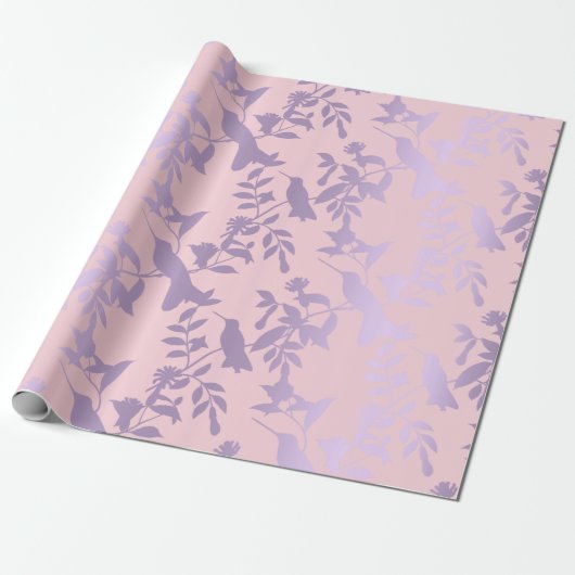 Paarse Amethist Roze Foliën Kolibrie Bloemen Cadeaupapier (Uitgerold)