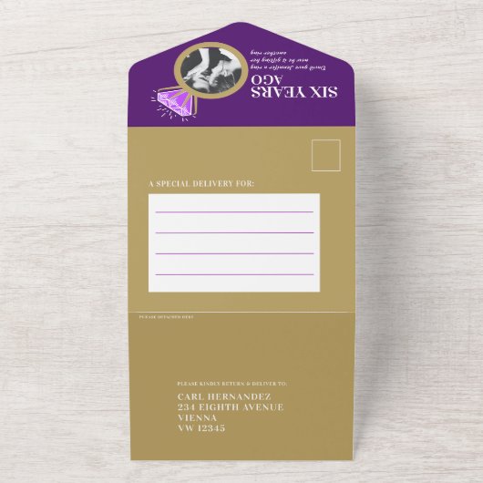 Paarse amethisten 6e trouwdag gouden ring all in one uitnodiging (Buitenkant)