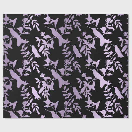 Paarse Amethyst Black Foliën Hummingbird Flowers Cadeaupapier (Vlak)