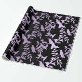Paarse Amethyst Black Foliën Hummingbird Flowers Cadeaupapier (Uitgerold)