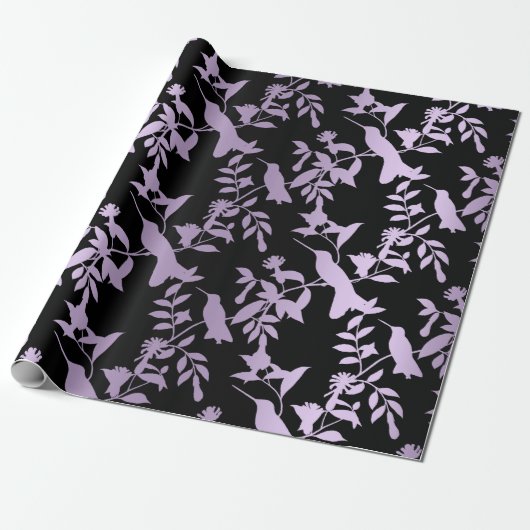Paarse Amethyst Black Foliën Hummingbird Flowers Cadeaupapier (Uitgerold)