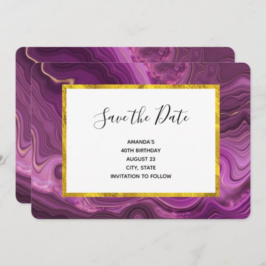 Paarse Amethyst en Gold Abstract Agate Birthday Save The Date (Voorkant / Achterkant)