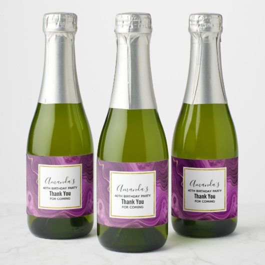Paarse Amethyst en Gold Abstract Agate Birthday Sparkling Wijnetiket (Flessen)