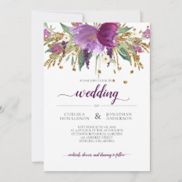 Paarse Amethyst en Gold Floral Wedding Invitation Kaart