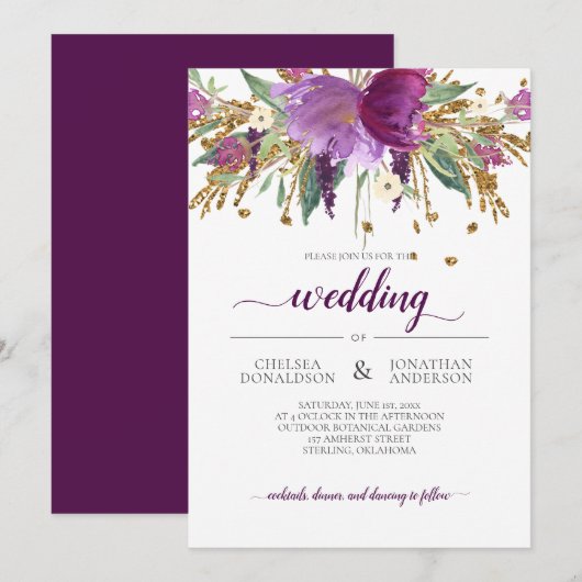 Paarse Amethyst en Gold Floral Wedding Invitation Kaart (Voorkant / Achterkant)
