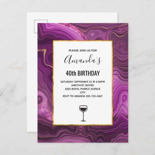 Paarse Amethyst en goudAbstract Agate Uitnodiging Briefkaart (Voorkant / Achterkant)