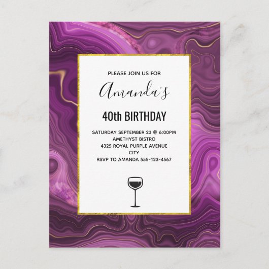 Paarse Amethyst en goudAbstract Agate Uitnodiging Briefkaart (Voorkant)