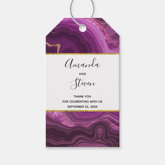 Paarse Amethyst en gouden Abstracte Agate Wedding Cadeaulabel (Voorkant)
