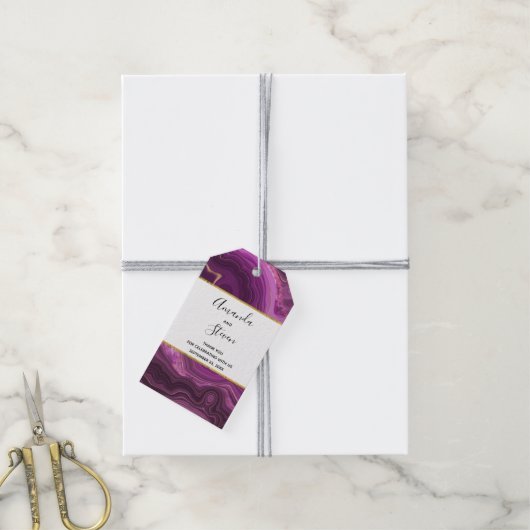 Paarse Amethyst en gouden Abstracte Agate Wedding Cadeaulabel (Met Touw)