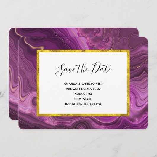 Paarse Amethyst en gouden Abstracte Agate Wedding Save The Date (Voorkant / Achterkant)