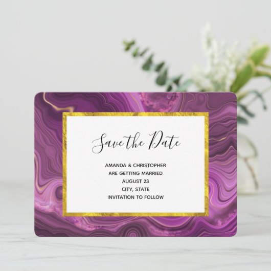 Paarse Amethyst en gouden Abstracte Agate Wedding Save The Date (Staand voorkant)
