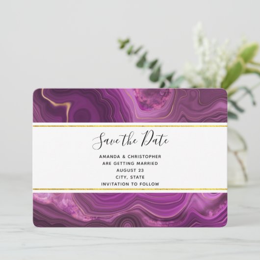 Paarse Amethyst en gouden Abstracte Agate Wedding Save The Date (Staand voorkant)