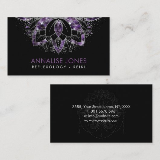 Paarse Amethyst en Silver lijst Lotus op zwart Visitekaartje (Voorkant / Achterkant)