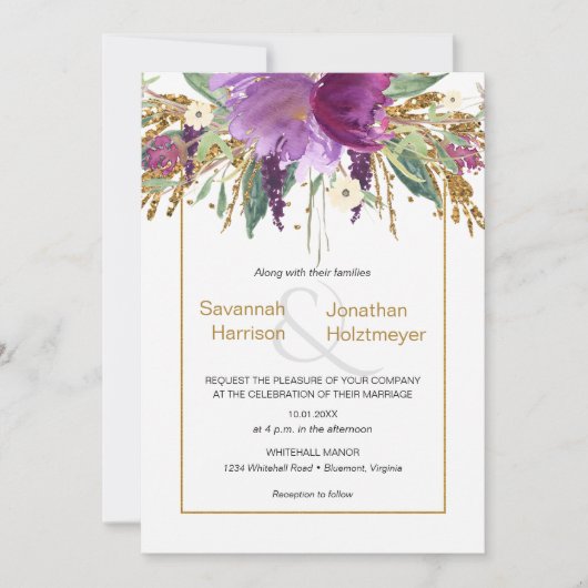 Paarse Amethyst Floral Gold Glitter Spring Wedding Kaart (Voorkant)
