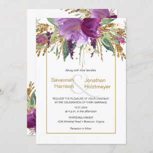 Paarse Amethyst Floral Gold Glitter Spring Wedding Kaart