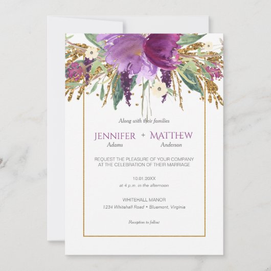 Paarse Amethyst Floral Gold Glitter Spring Wedding Kaart (Voorkant)