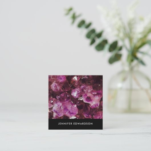 Paarse amethyst gemstone kristal professioneel vierkante visitekaartje (Staand voorkant)