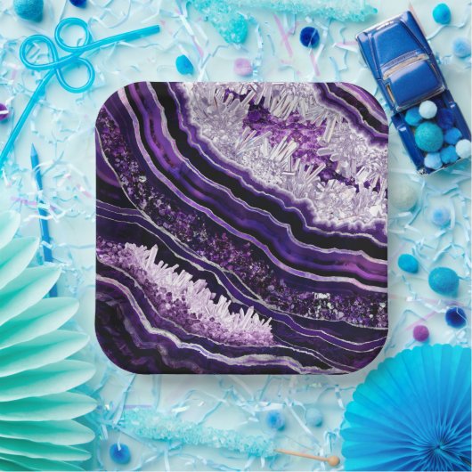 Paarse Amethyst Geode en Silver Digital Art Papieren Bordje (Feest)