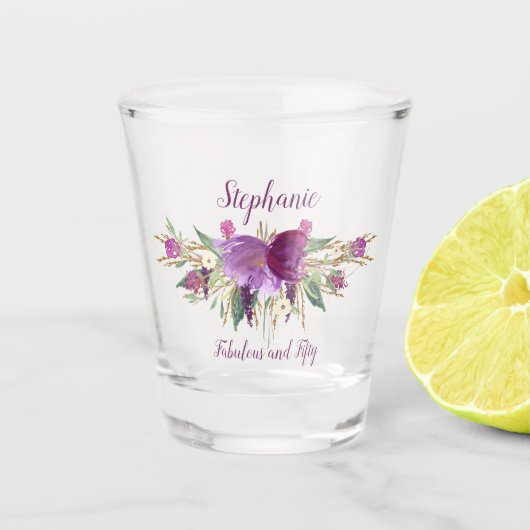 Paarse Amethyst Gold Floral Fabulous en vijftig Shot Glas (Voorkant)