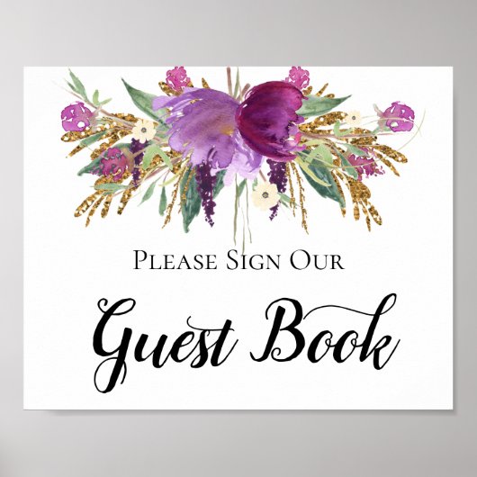 Paarse Amethyst Gold Sparkles Guest Book Sign Poster (Voorkant)