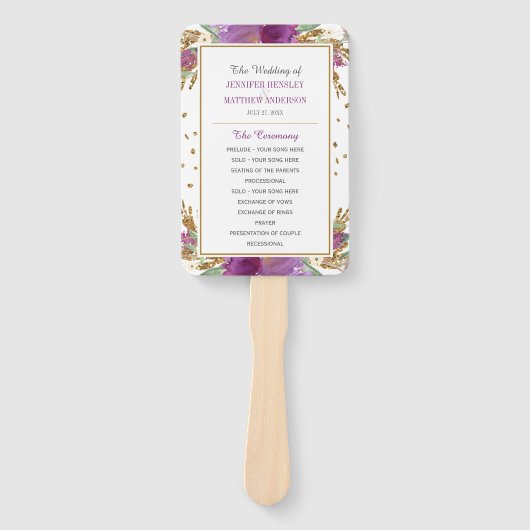 Paarse Amethyst Rechthoek Gouden Glitter Lijst Handwaaier (Voorkant)