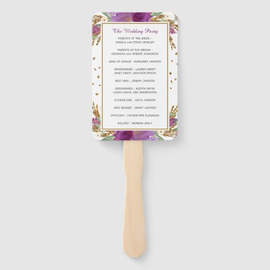 Paarse Amethyst Rechthoek Gouden Glitter Lijst Handwaaier (Achterkant)