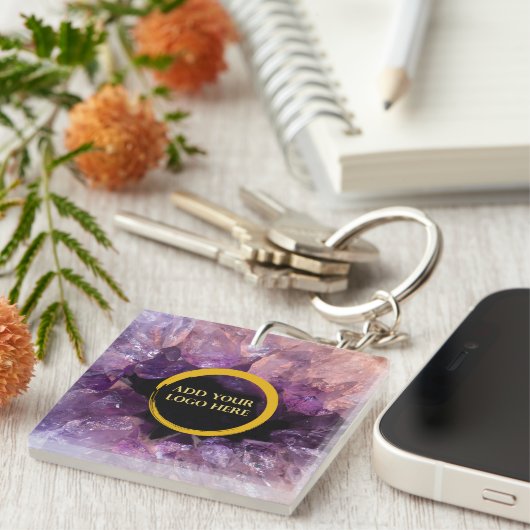 Paarse amethyst voeg eigen logo professioneel toe sleutelhanger (Voorkant Rechts)