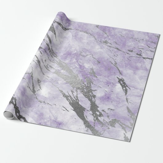 Paarse Amethyst White Silver Grey Marble Shiny Cadeaupapier (Uitgerold)