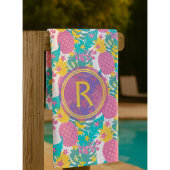  Paarse ananassen en blauwe tropische bladeren Strandlaken