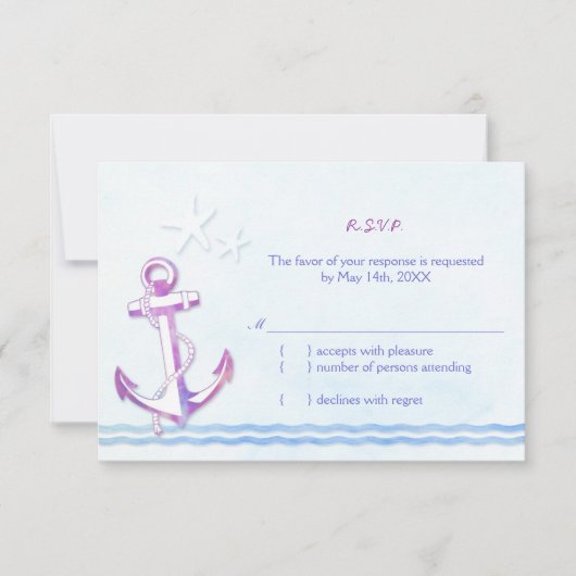 Paarse anchor Nautical Beach Wedding RSVP (Voorkant)