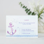 Paarse anchor Nautical Beach Wedding RSVP Kaartje (Staand voorkant)
