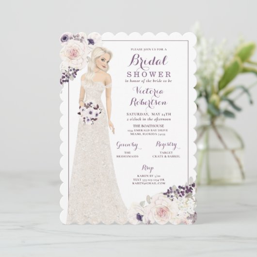 Paarse Anemone Bride in Gown Vrijgezellenfeest Kaart (Staand voorkant)